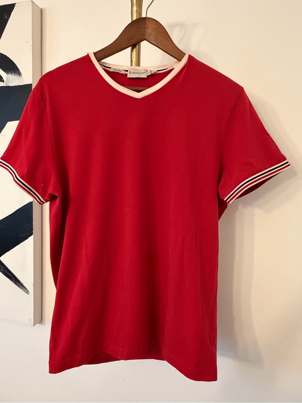 Moncler Red V-Neck Short Sleeve Tee with Contrast Trim